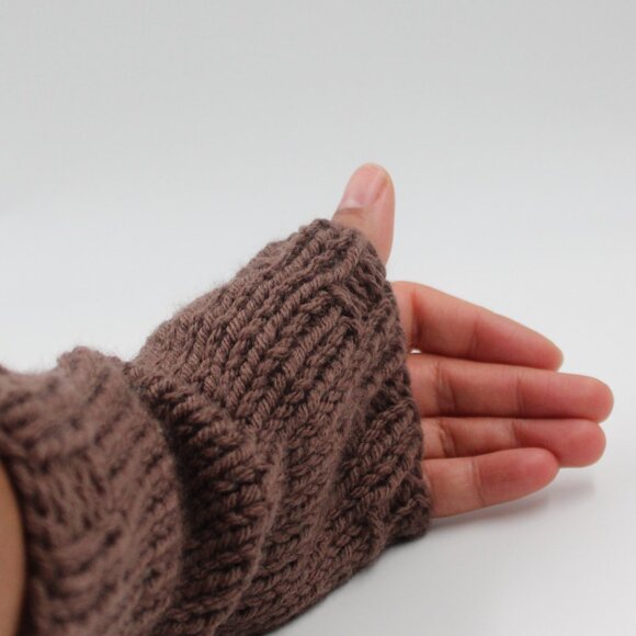 Handmade Hand Knit Cables and Lace Brown Taupe Acrylic Wrist Warmers - Picture 2 of 4